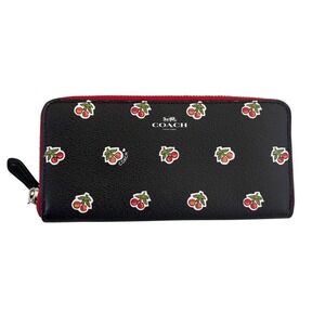 Coach Accordion Zip Wallet Black Crossgrain Leather Cherry Print C1813